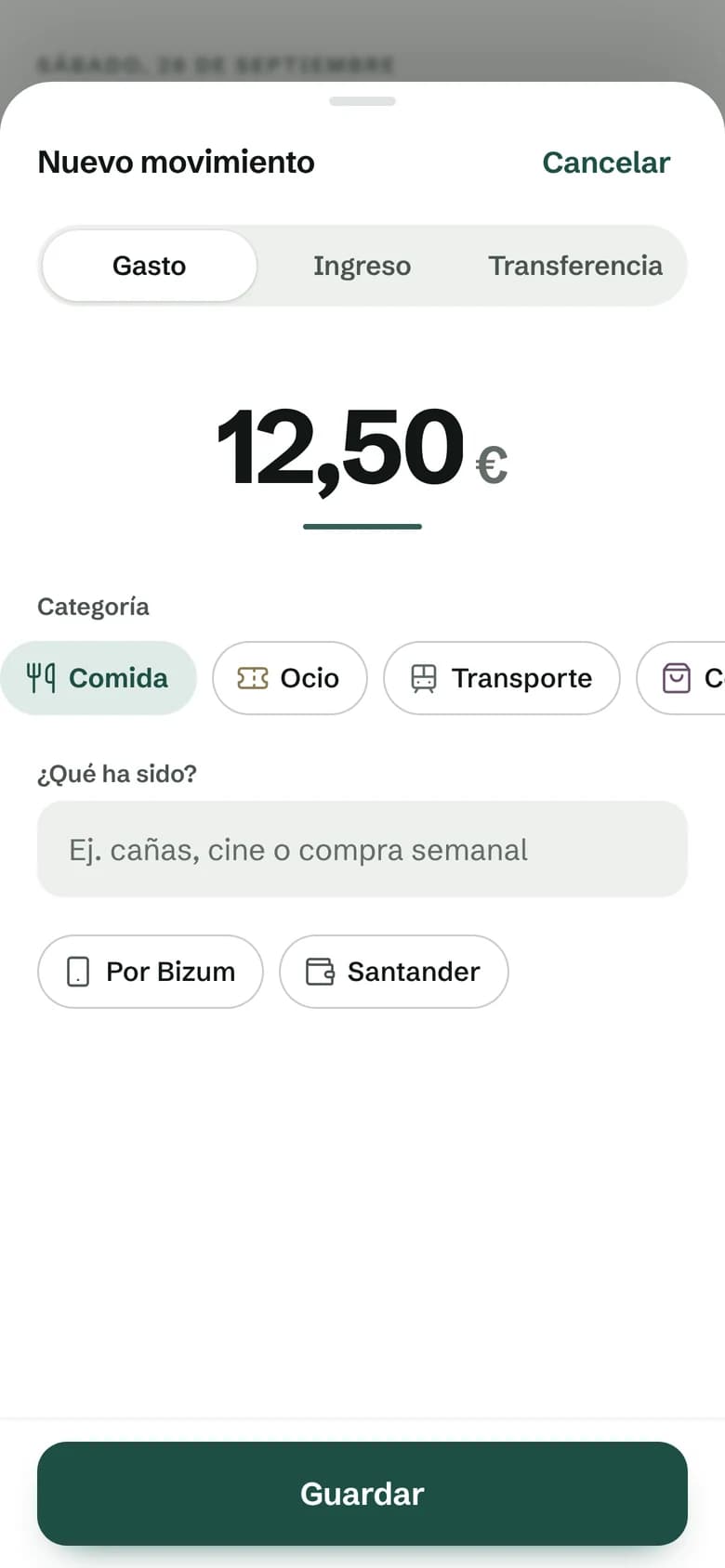 Hoja de nuevo movimiento con 12,50 € y la categoría Comida