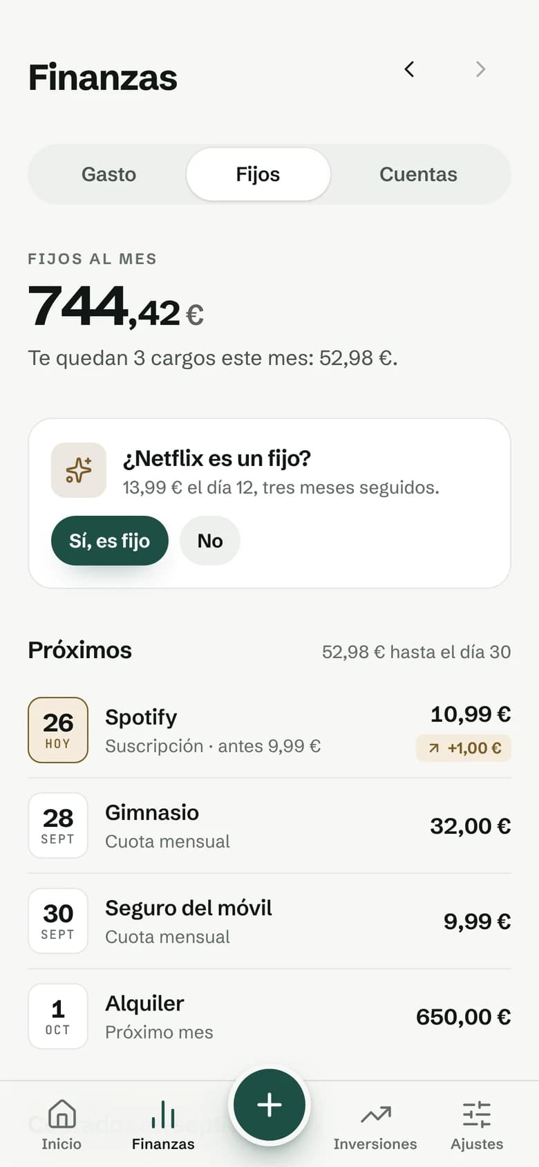 Calendario de cargos fijos del mes