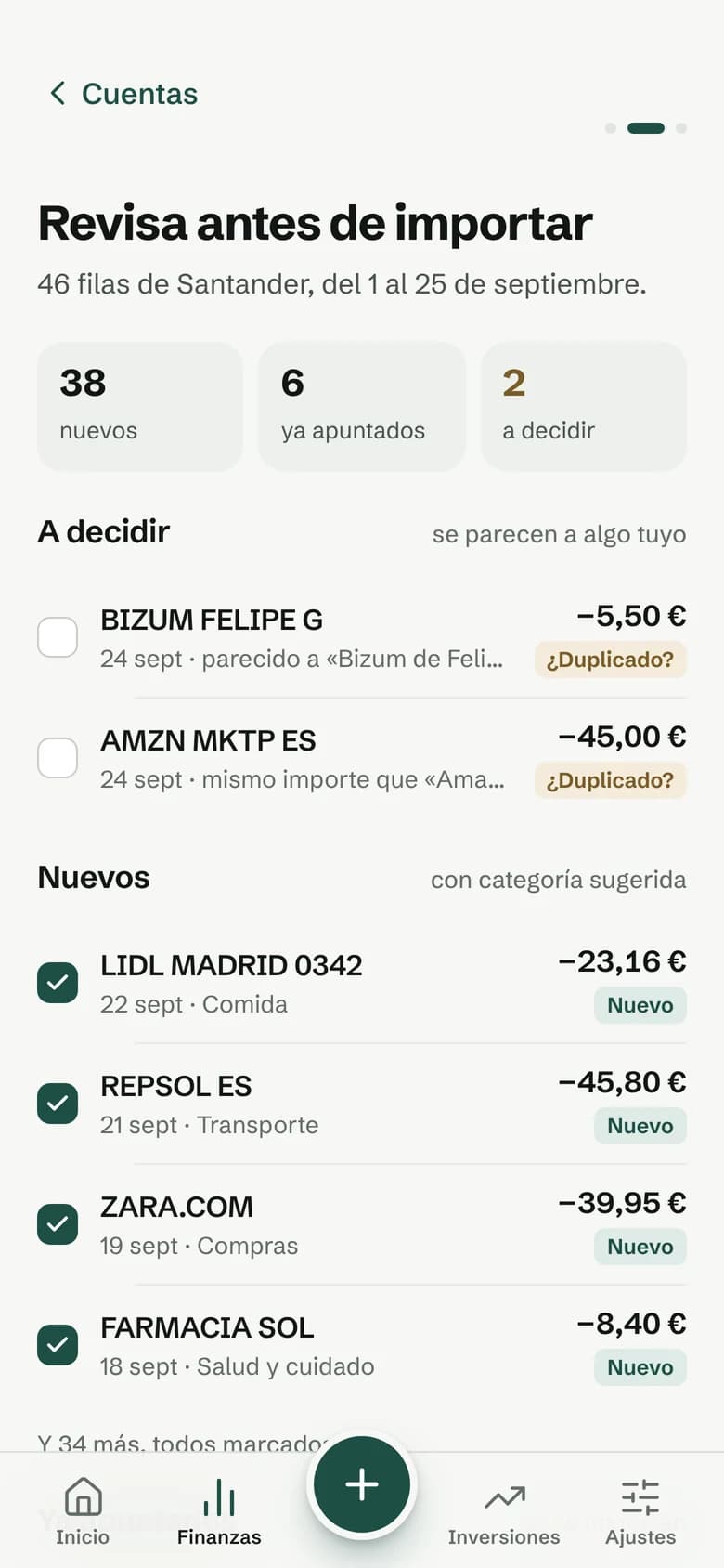 Revisión de un extracto antes de importarlo