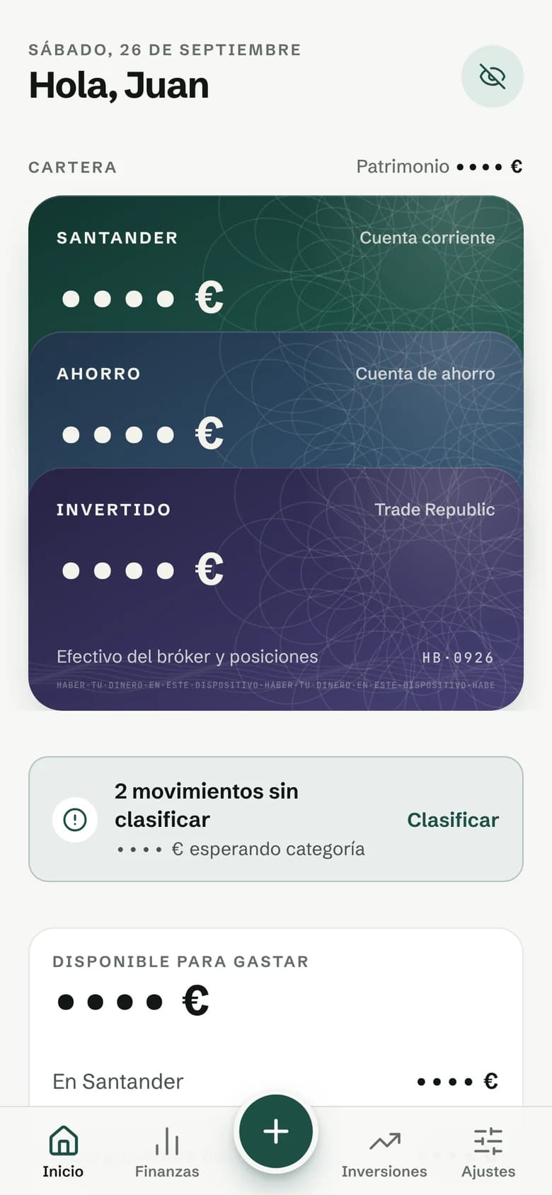 Inicio con los importes ocultos