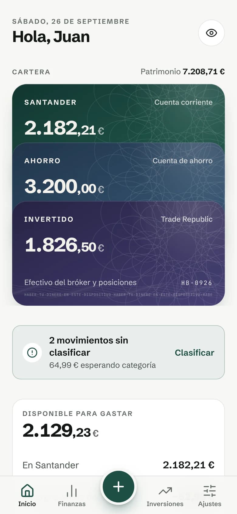 Inicio de Haber con las carteras y el disponible para gastar